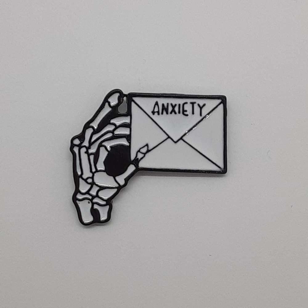 Skeleton Hand Holding“ANXIETY” Envelope Enamel Pin
